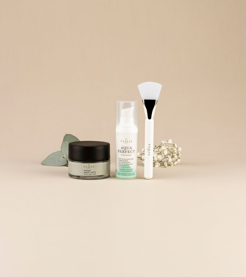 Trio :  Masque à l’argile + Aquaperfect + Pinceau silicone