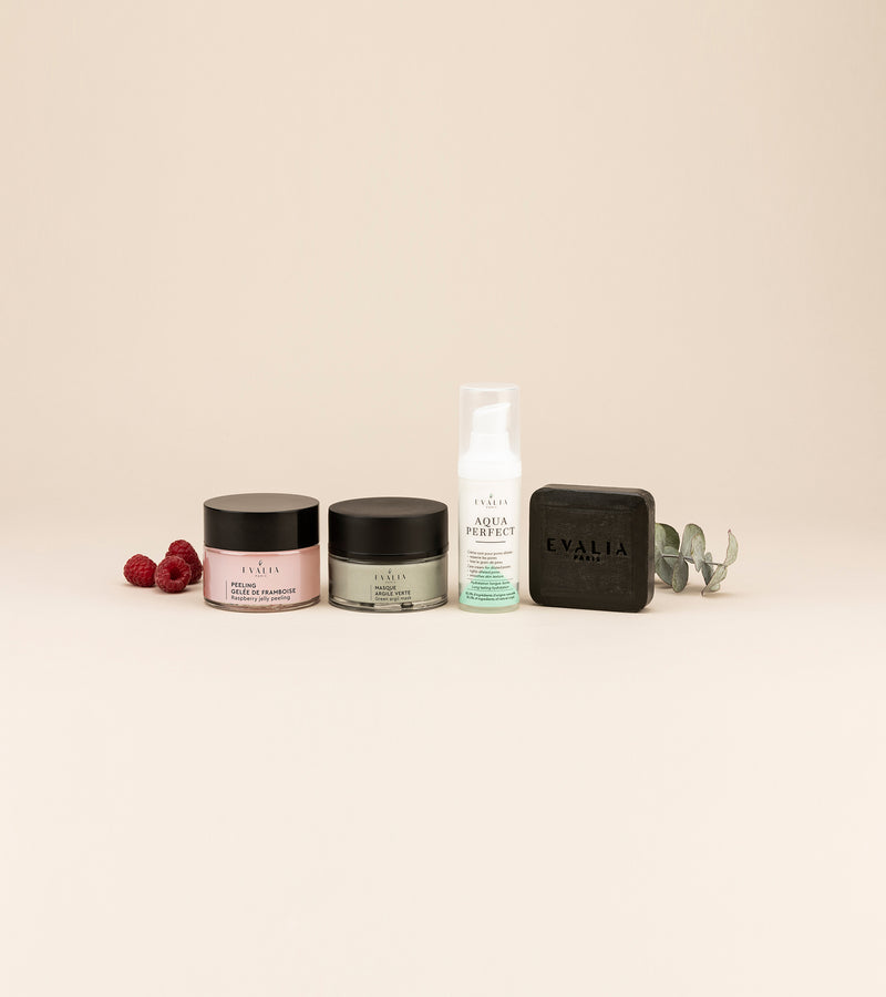 Coffret 4 produits : Savon naturel anti imperfection nettoyant + Peeling + Masque + Aquaperfect